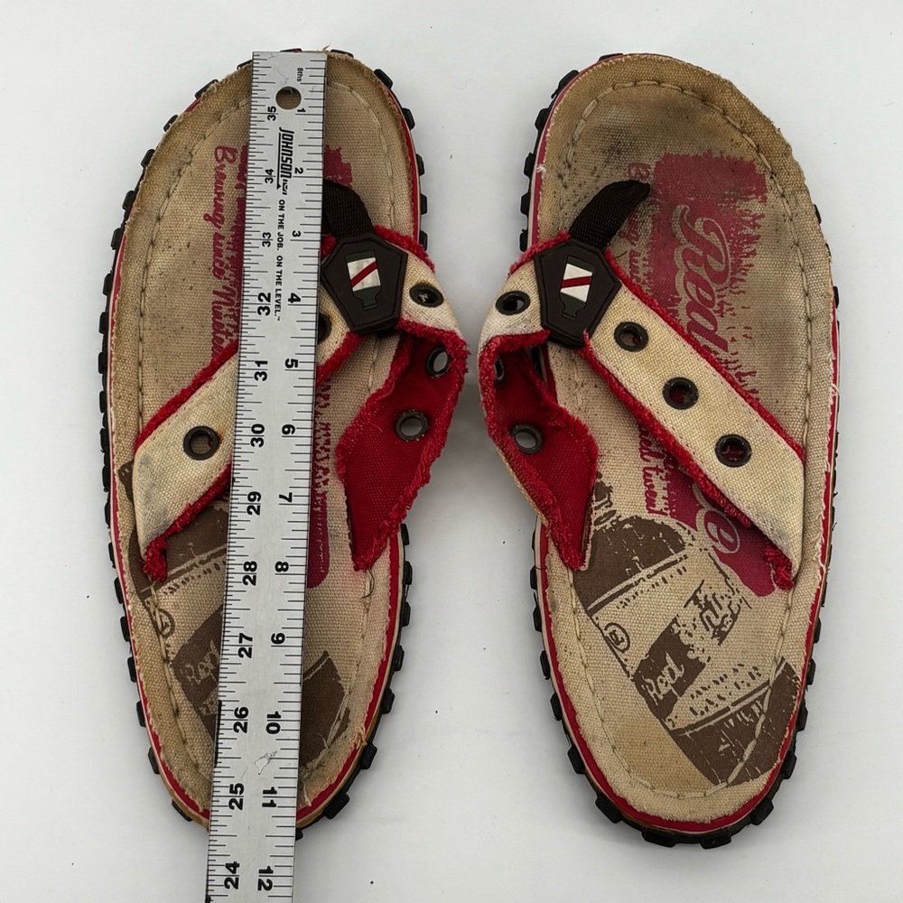 Red Stripe Mens Multicolor Graphic‎ Flip Flops Size 11.5